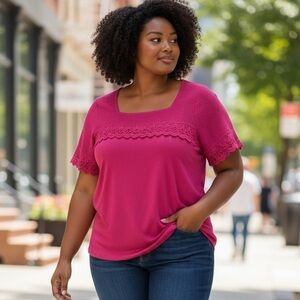 Jessica London 12 Shirt Pink Crochet Top Fuchsia T-Shirt Short Sleeve
